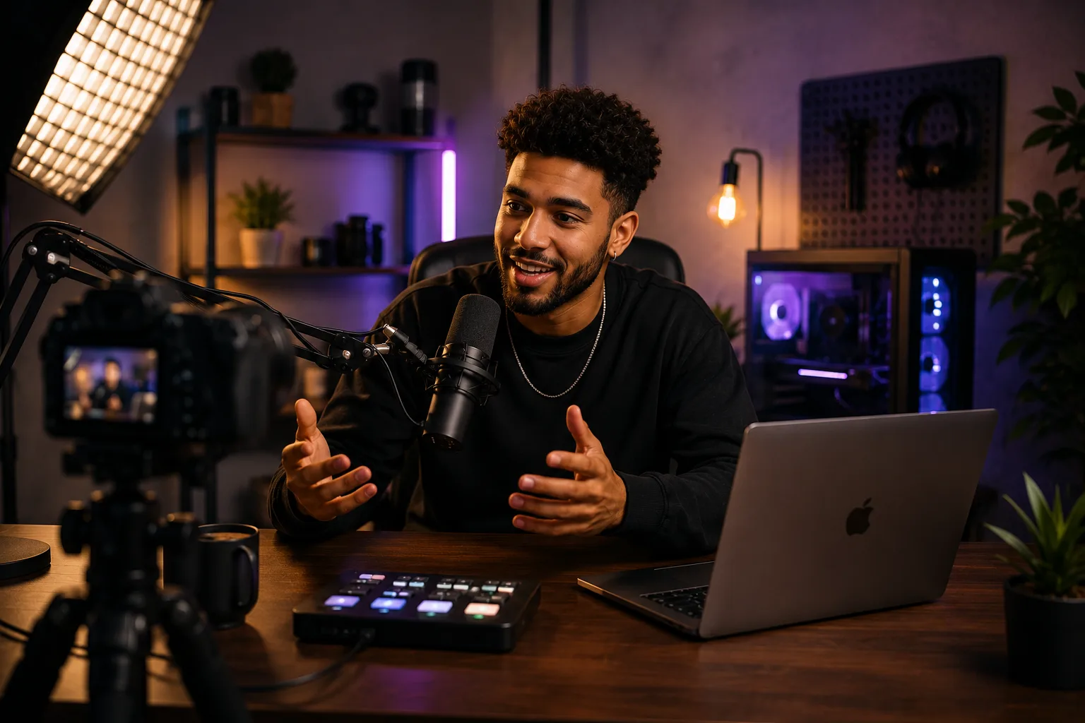 Créateur de contenu enregistrant une vidéo dans son studio, micro et ordinateur portable