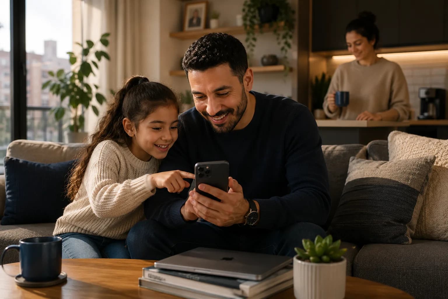Père et fille souriants, partageant un moment sur un smartphone dans leur salon