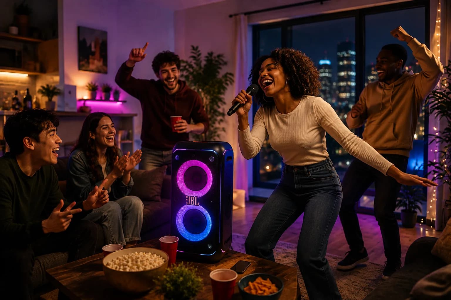 Groupe d'amis chantant au karaoké autour d'une enceinte portable lors d'une soirée