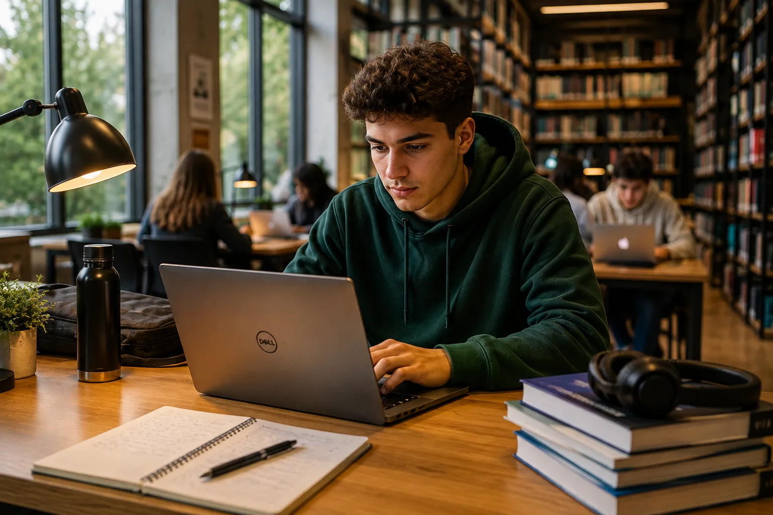 Étudiant concentré sur son ordinateur portable dans une bibliothèque
