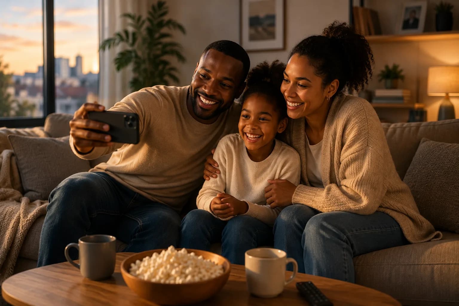 Famille partageant un moment sur smartphone